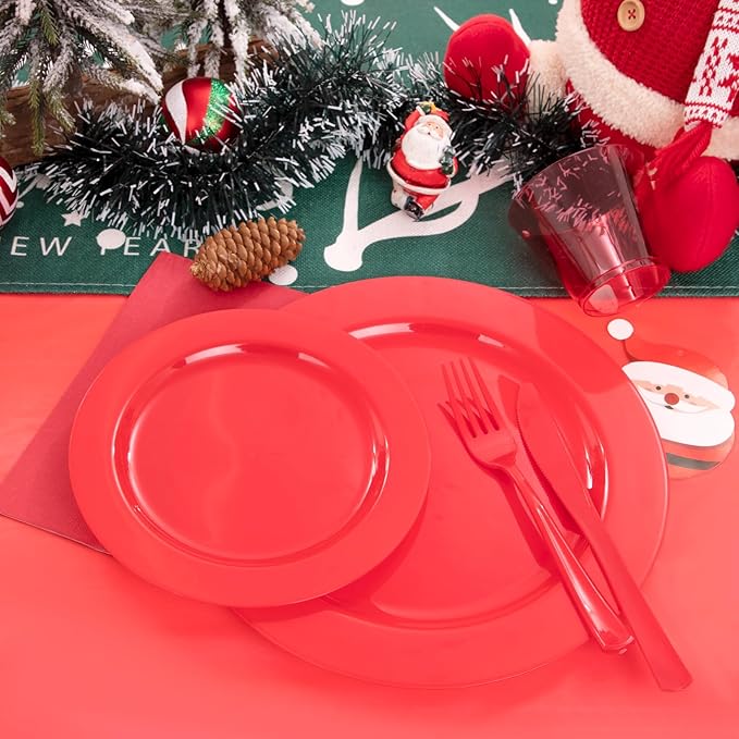 Gather 176 Pieces Red Plastic Plates- Red Heavy Duty Disposable Plates Dinnerware 50Plates, 75 Plastic Silverware, 25 Napkins, 25 Cups Bonus 1 Red Plastic Tablecloth for Party& Wedding &Mother's Day