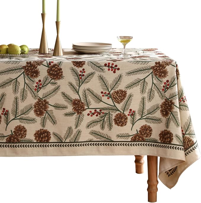 ISAENNE Designer Vintage Linen Rectangular Tablecloth,110"x63"-Carol B | French Elegant Table Cloth Rectangle Table,Pinecones Pattern,Decor,Dining Room,Kitchen,Tea Party,Thanksgiving,Christmas