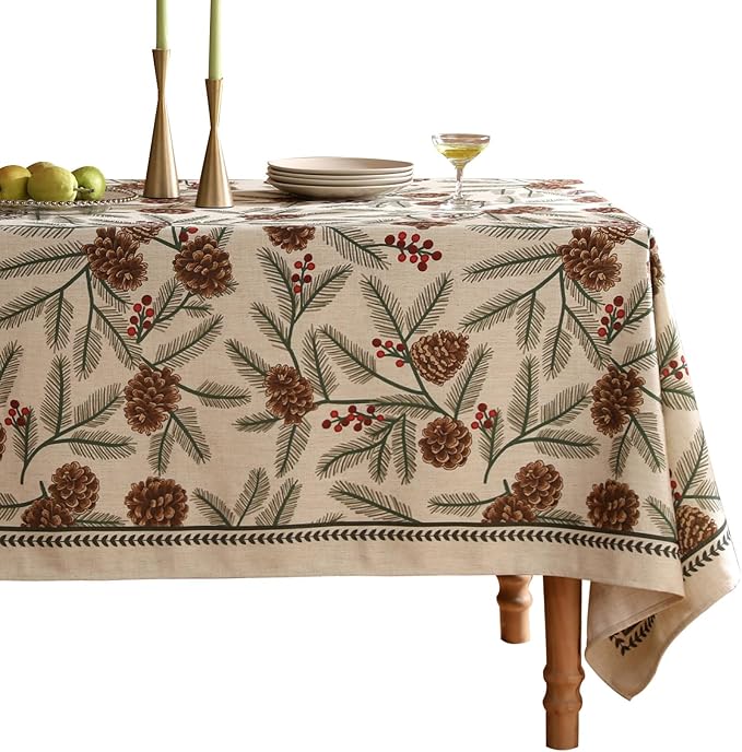 ISAENNE Designer Vintage Linen Square Tablecloth,67"x67"-Carol B | French Elegant Table Cloth for Square Table,Pinecones Pattern,Decoration,Dining,Kitchen,Tea Party,Thanksgiving,Christmas