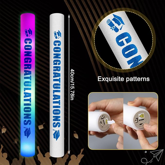 Huquary 50 Pcs Graduation Party Favors LED Foam Light up Sticks Bulk, Glow in The Dark Graduation Party Supplies with 3 Modes Colorful Flashing for Congratulation Grad Celebration Decoration(Blue)