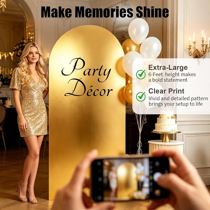 6FT Arch Backdrop with Stand Set, No-Tip Stability Foam Board Photo Booth Background for Wedding Birthday Party Ceremony Baby Shower Banquet Decoration Reusable - GlossyGold