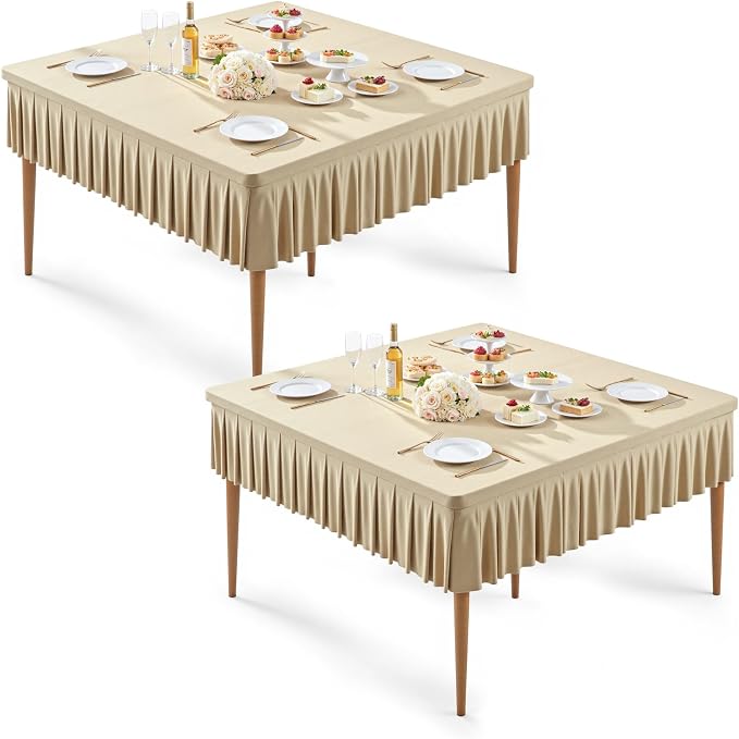 2 Pack Natural Spandex Tablecloths for 48x48 Inch Square Tables, Stretch Fitted Table Clothes with Pleated Ruffle Skirt for 48” Table, Wrinkle Free and Elastic, for Party Kitchen Home Dining