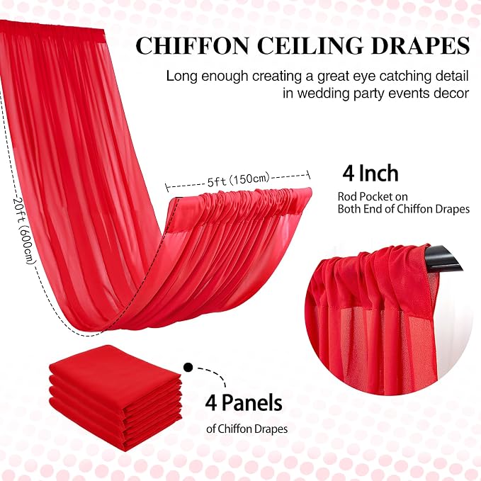 DUOBAO Chiffon Ceiling Drapes 20ft Red Wedding Backdrops 4 Panels 5×20ft Sheer Backdrop Curtains for Reception Wedding Ceremony Dark Red Sheer Arch Drapes Fabric Event Party Supplies