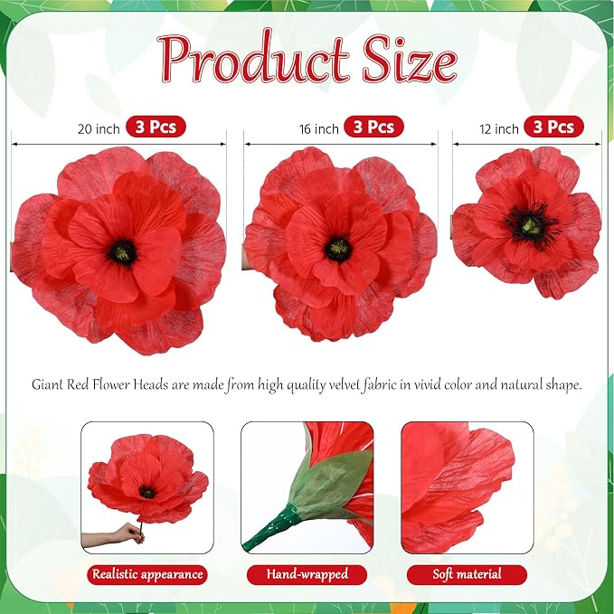Norme 3 Pcs Giant Artificial Poppy Flowers 12, 16, 20 Inch Large Poppy July of 4th 250th Anniversary Patriotic Petals Giant Red Flowers for Independence Day Memorial Day Arch Decoration, Home Decor