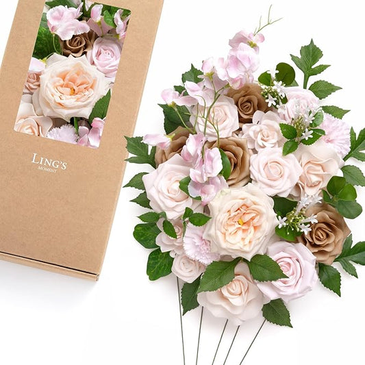 Ling's moment Fake Flowers Box, Faux Silk Carnations Artificial Sweet Pea Foam Roses Gardenia for Centerpieces Wedding Floral Arrangements Bridal Shower Party, Powder Pink & Sand Beige, Deluxe Combo