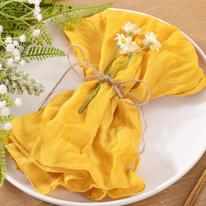 25pcs Gold Cheesecloth Napkins Spring Washable Boho Rustic Gauze Table Cloth Napkins Bulk 21x21 Inches for Wedding Party Bridal Baby Shower Birthday Table Decor