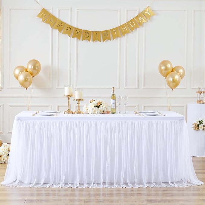 Suppromo White Tulle Tablecloth for 4 Foot Rectangular Tables 48 x 24 Inch White Rectangle Table Cloth 4ft Wrinkle Free Table Cover with Tutu Skirt for Wedding Birthday Party Banquet Tablecover