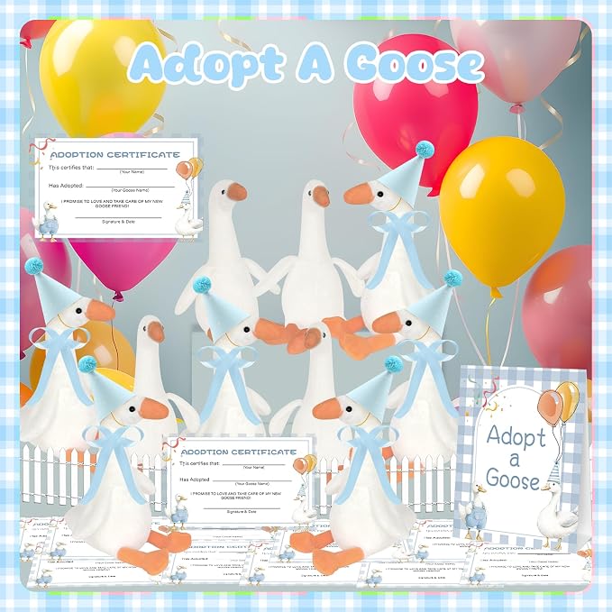 39 Pcs Adopt a Silly Goose Party Favor Include 12 Silly Goose Stuffed Animal 12 Mini Hat 12 Adoption Card 1 Adoption Sign 1 Ribbon 1 Fence for One Silly Goose Baby Shower Party 1st Birthday Decoration