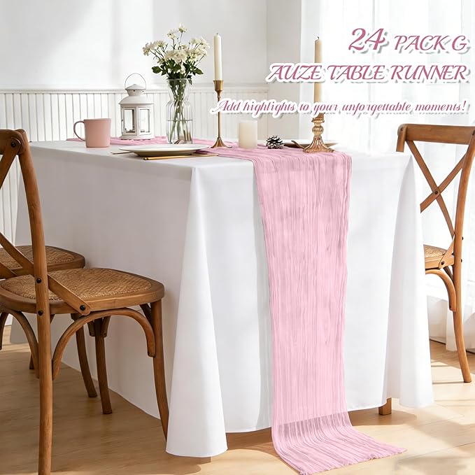 24 Pack Cheesecloth Table Runner,Light Pink Table Runner Long Romantic Semi Sheer Rustic Boho Gauze Table Runners for Wedding Bridal Shower Birthday Party Decorations(17.7×108 Inch)