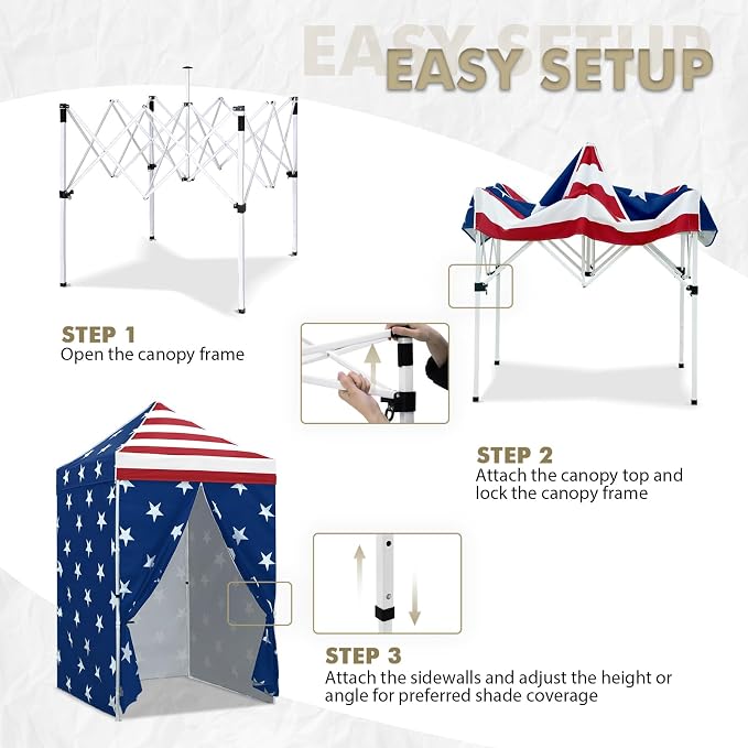 EAGLE PEAK 5x5 Instant Canopy with 4-Side Wall Panels, Small Pop up Portable Canopy Tent with Carry Bag, Light Weight Sun Shelter for Sports, Camping and Beach, American Flag