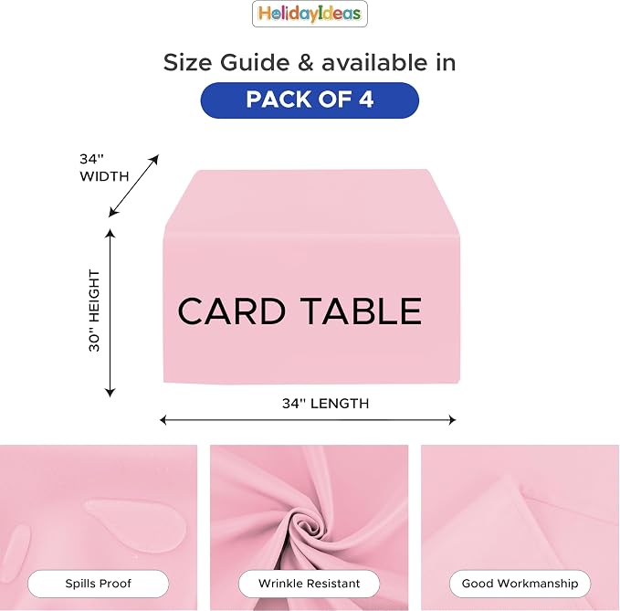 HolidayIdeas 4-Pack 34x34 inch Pink Craft Shows Weddings Fitted Tablecloth | Wrinkle resistant table covers; bulk quantity pack for professional trade exhibition displays or vendor booths