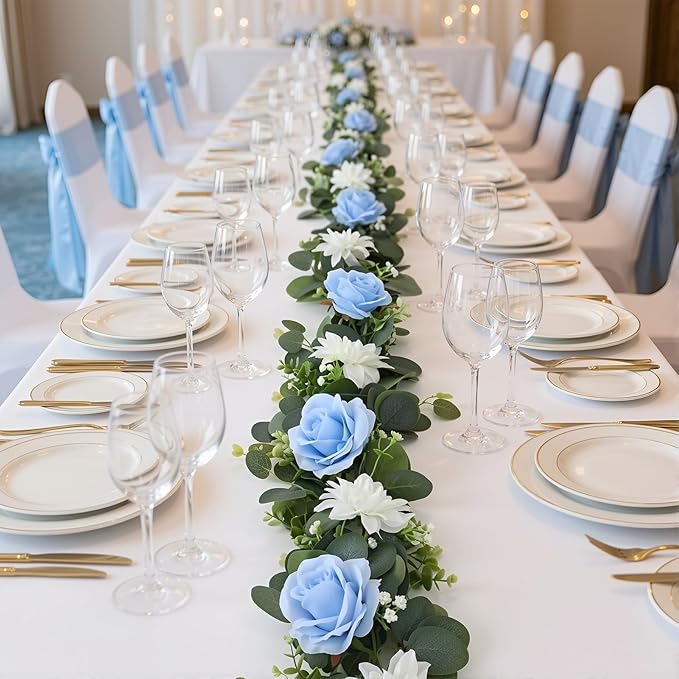 4 Pack Wedding Garland Set, Blue Rose & White Dahlia Hanging Flower Vines for Wedding Arch, Backdrop, Mantel, Home Decor (5.91ft)