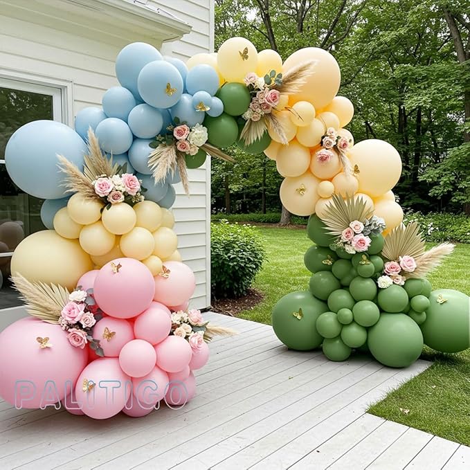Pastel Balloon Arch Kit for Baby Shower Decorations, Birthday Party, Garden Wedding – Double Stuffed Pink Blue Yellow Green Balloons with Gold Butterflies – Girl Boy Gender Reveal Decorations