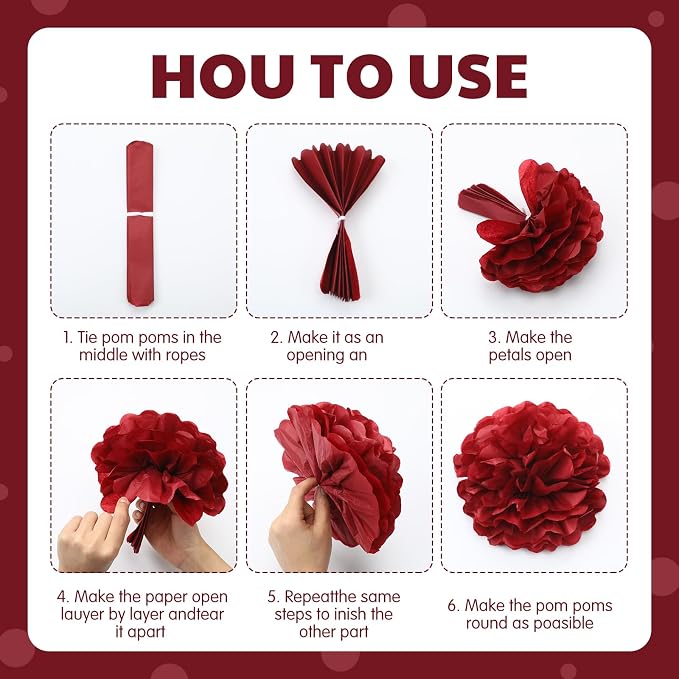 Arrowbash 33 Pcs Burgundy Maroon White Birthday Decorations Include Happy Birthday Banner, Red Tinsel Foil Backdrop, Tissue Paper Pom Poms, Circle Dots Garland, Bow Balloons, Paper Tassels