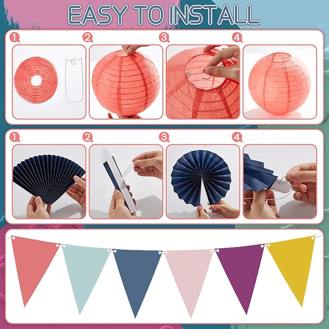 21Pcs Morandi Classroom Decor Morandi Hanging Paper Lanterns Paper Fans Triangle Flags Banners Set Round Lantern for Back to School Ceiling Supplies Home Indoor Birthday Party Ceremonial Event