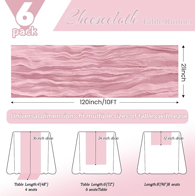 6 Pack Light Pink Cheesecloth Table Runner 21x120 Inches, Boho Gauze Rustic Semi Sheer Cheese Cloth Table Runners for Easter Wedding Bridal Baby Shower, Birthday Party, Long Farmhouse Table Decor