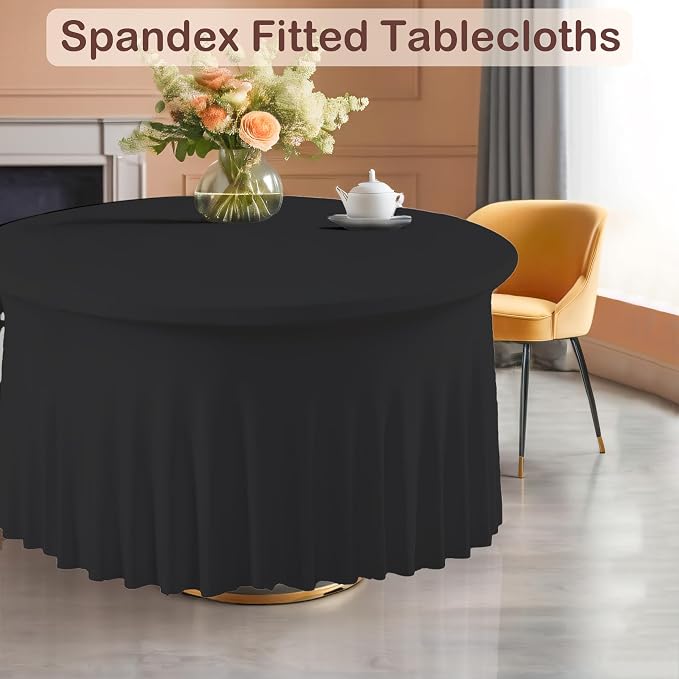 10 Pack Black Round Spandex Tablecloths for 60inch Tables, Stretchy 120inch Fitted 5FT Round Table Cloths Wrinkle Free Washable Table Cover with Skirt for Wedding Birthday Party Dining Banquet Events