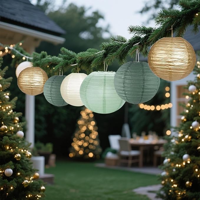 Green White Gold Paper Lanterns, 12Pcs Chiese Lanterns for Birthday Baby Shower Gender Reveal Wedding Party Decoration