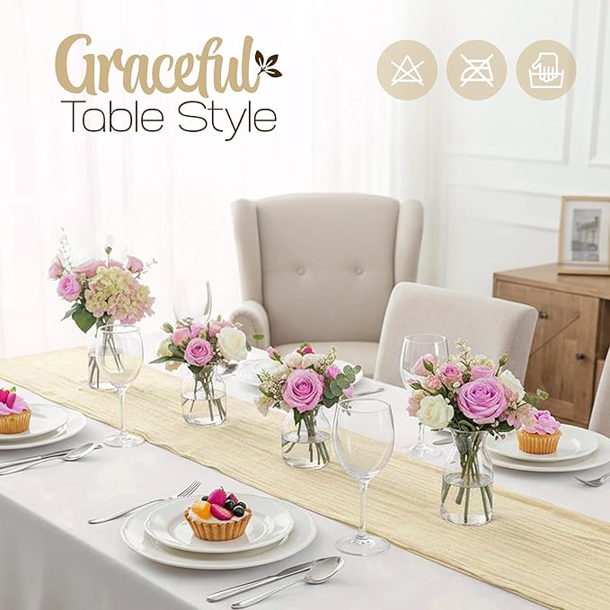 12 Pack Beige Cheesecloth Table Runners 10FT Long – 35 x 120 Inch Boho Gauze Table Runners for Engagement, Wedding, Baby Shower & Home Decor – Soft Wrinkled Polyester Fabric
