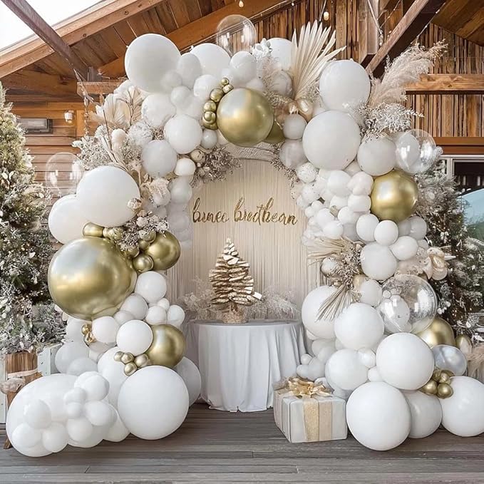 Double Stuffed White Balloon Arch with Clear Bobo, Double Stuffed Light Grey Different White Gold Balloon Garland Kit for Bridal Wedding Engagement Birthday Christmas Valentines Party Decoration