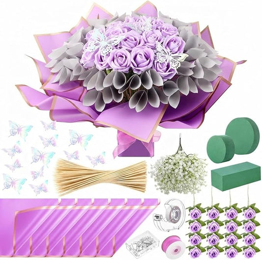 Marspark Graduation Money Bouquet Flower Kit Gift Included 20 Sheet Flower Wrapping Paper 36 Fake Flowers 100 Bamboo Skewer Floral Foam Block for Mother's Day Anniversary Wedding(Light Purple,Classic)