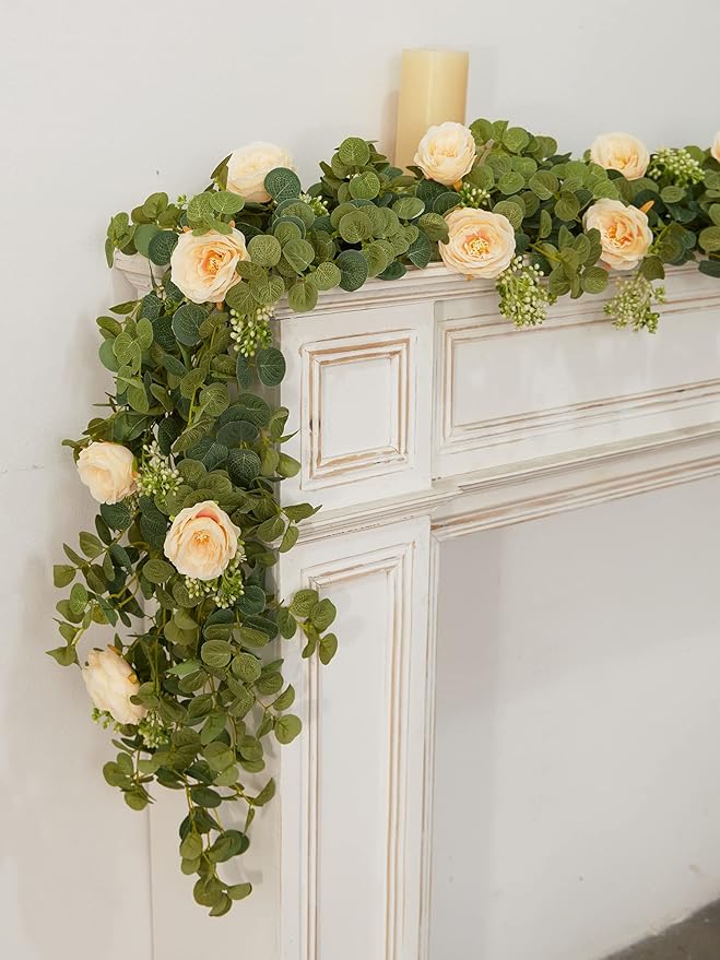 PARTY JOY 6.56ft Eucalyptus Garland with Flowers-8 Champagne Roses-Lush,Natural Looking, Floral Garland Greenery for Party Wedding Table Indoor Outdoor Backdrop Wall Decor（Champagne,1）
