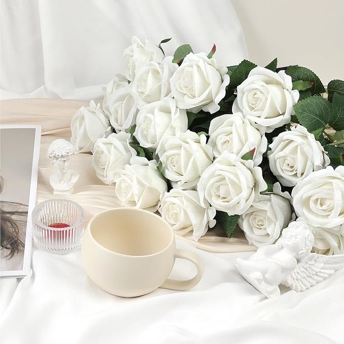 Auihiay 104pcs Roses Artificial Flower - Realistic White Fake Roses for Wedding Centerpieces, Table Decor, Valentine's Day, Mother's Day, and Home Party Decorations
