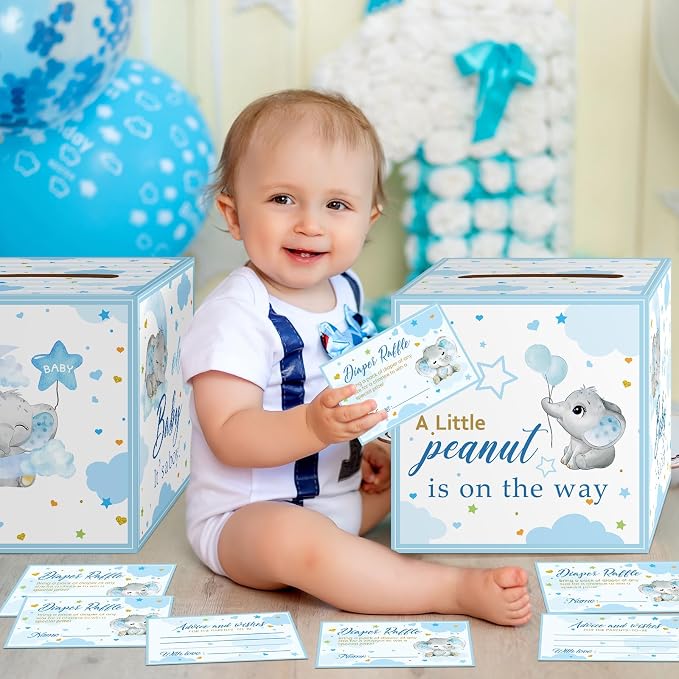 Teling 51 Pieces Diaper Raffle Tickets with Card Box Baby Shower Decorations Baby Shower Holder Box for Girl Boy Diaper Raffle Party(Blue Elephant)