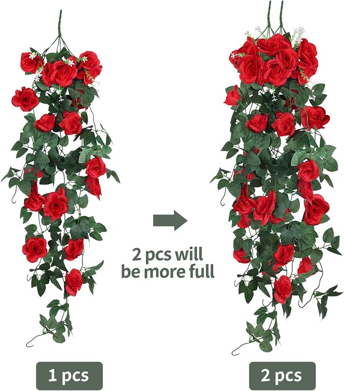 RECUTMS Artificial Red Roses Hanging Flowers Plants, 2 pcs 3.3 Ft Fake Silk Floral Ivy Garlands with 30 Fairy String Lights Greenery for Home Room Garden Wedding Arch Indoor Outdoor Wall Party Decor