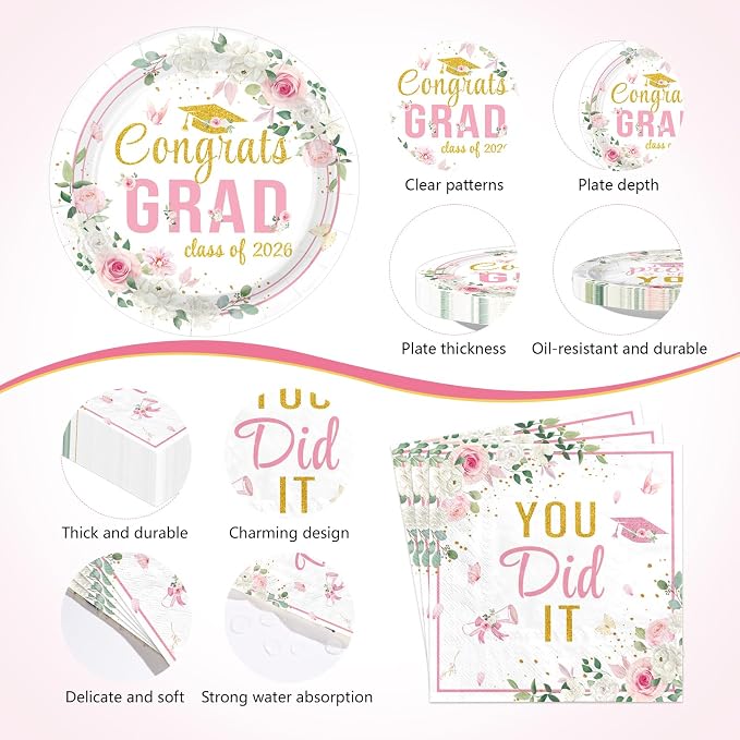 170 Pcs Graduation Party Decorations Class of 2026 Graduation Pink Floral Plates Napkins Cups Forks Knives Spoons Tablecloths for High School College 2026 Pink Grad decorations Serves 24
