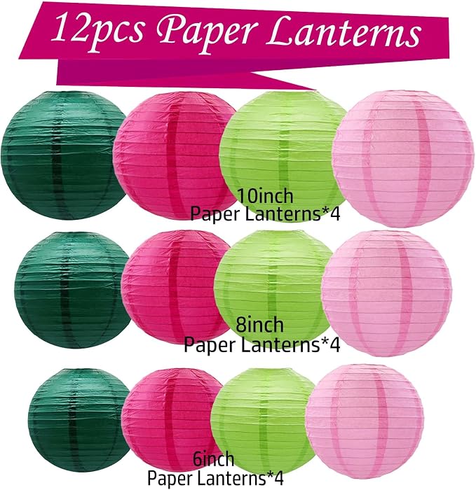 Green and Pink Paper Lanterns 12Pcs Hanging Lantern for Birthday Party, Wedding, Home Decor, Baby Shower Festive Decoration