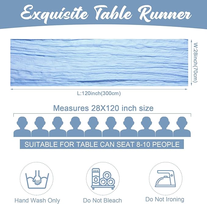 Buryeah 12 Pcs Cheesecloth Table Runner Boho Gauze Table Runner Bulk Rustic Cheese Long Romantic Runners for Wedding Bridal Shower Birthday Decor(Light Blue,28 x 120 Inch)