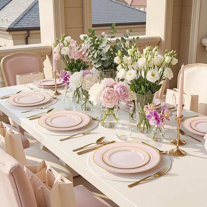 WDF Partyware 175PCS Pink plastic Plates - Pink Disposable Plates 25Guests Disposable Dinnerware Sets with Rolled Napkins for Wedding/Birthday/Baby Shower