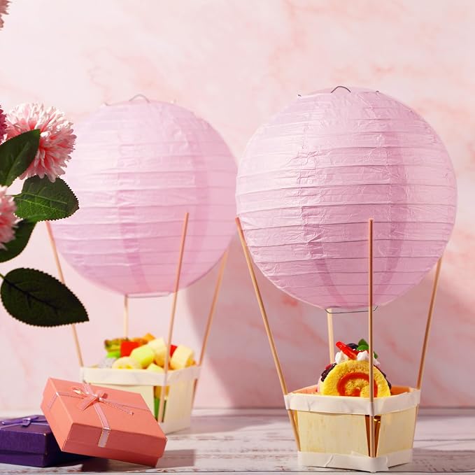 Namalu 24 Set Hot Air Balloon Table Centerpieces Baby Shower Party Decoration Paper Lanterns with Wooden Basket Sticks for Summer Birthday School DIY Craft(Light Pink)