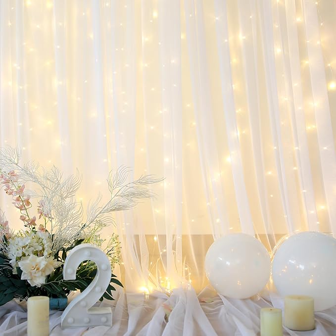 20×15ft White Tulle Backdrop Curtain with Lights String for Parites Sheer Fabric Backdrop Curtains White Backdrop Drapes for Wedding Baby Shower Birthday Party Photo Shoot Background 4 Panels 5ft×15ft