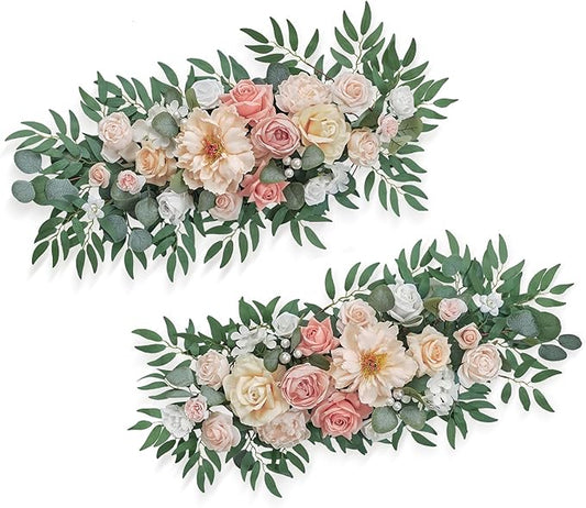 TINGE TIME Flower Garlands, 2 PCS Artificial Eucalyptus Garlands, Handcraft Artificial Rose Garland for Arch Wedding Sweetheart Table Ceremony Backdrop Decorations for Home (DustyRose&Champagne)