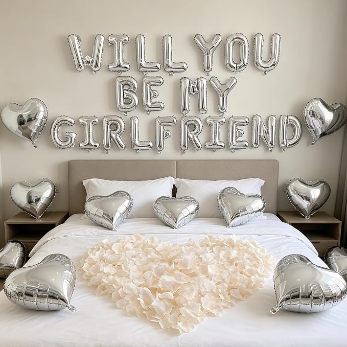 2 Set Silver Will You Be My Girlfriend Balloons - 42pcs 16" Letter Balloon 1200pcs Cream White Artificial Rose Petals 10pcs 18" Heart Balloons Alphabet Foil Balloon for Valentines Day Decorations