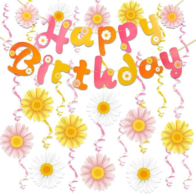 SUNBEAUTY Daisy Groovy Party Decoration Boho Happy Birthday Banner Daisy Paper Hanging Swirls Flower Birthday for Women Birthday Classroom Office Boho Hippie Retro Birthday Baby Shower Party Supplies