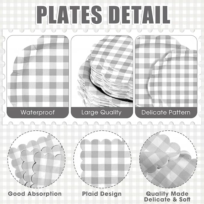 Funnymoom 400 Pcs Gingham Party Supplies for 50 Guests Gray and White Paper Plates and Napkins Knives Spoons Forks Cups Disposable Checkered Dinner Party Set Cutlery for Baby Shower Wedding Favor
