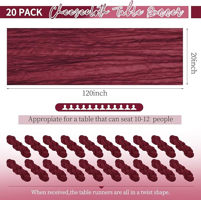 20 Pack Burgundy Table Runner 10Ft Burgundy Cheesecloth Table Runner Boho Gauze Table Runners Long Romantic Sheer Fabric Cheese Cloth Table Runners for Wedding Party Bridal Shower