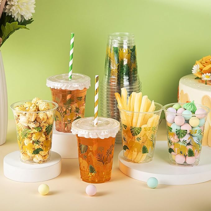 FoldTier 50 Pcs Jungle Safari Animals Cups Disposable Plastic Cup 12 oz Golden Green mugs Thick Wild Theme Clear Mugs Lids Straws Birthday Party Supplies Birthday Party Favor Table Decorations