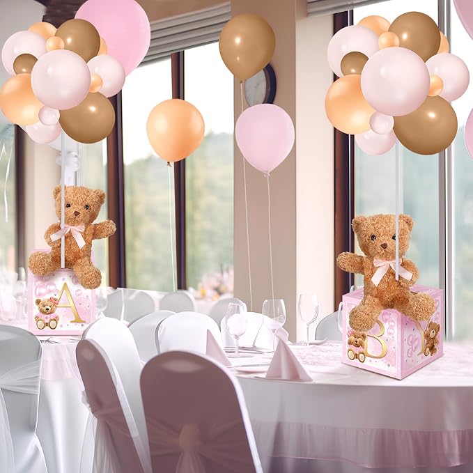 Lenwen 3 Sets Jungle Animal Decoration for Baby Shower Letter Boxes Baby Shower Table Centerpiece Stuffed Animals Balloon with Stand Plush Boxes for Party(Pastel,Bear)