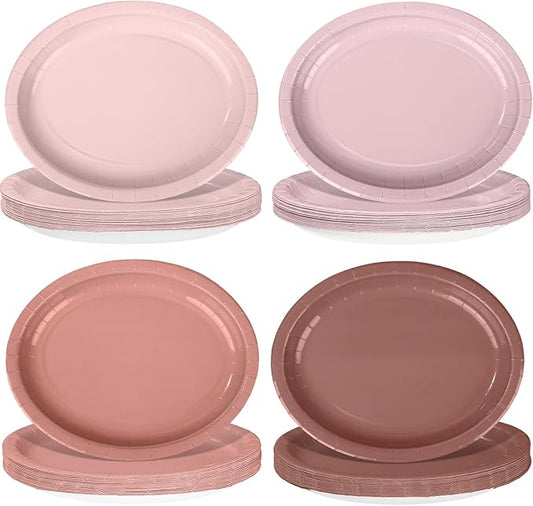 Vesici 100Pcs Dusty Pink Paper Plates Gradient Pink Party Supplies Gradient Oval Heavy Duty Disposable Dessert Plates Paper Platters Tableware for Baby Shower Wedding Bridal Birthday Party Supplies