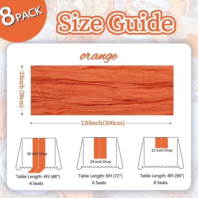 8 Pack Orange Cheesecloth Table Runner 10ft Boho Gauze Fabric 120 Inch Cheese Cloth Table Runner Rustic Sheer for Spring Holiday Baby Shower Party Décor Home Wedding Decoration