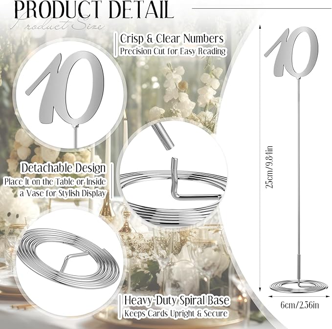Novabright 20 Pcs Metal Table Numbers 1-20 Numbers for Wedding Reception, 10 Inch Stainless Steel Table Number Signs with Sturdy Holder Base for Banquet, Party, Restaurant & Event Decor(Silver)
