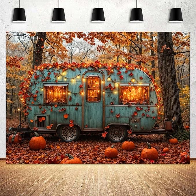 7 x 5 ft Fall Forest Backdrop Autumn Pumpkin Maple Leaves RV Farm Banner Decorations Harvest Thanksgiving Day Themed Party Kids Adults Portrait Photo Shoot Prop