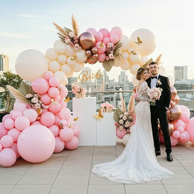 Pink Ivory Rose Gold Balloon Arch Kit – Double Stuffed Light Pink Cream White Balloons with Gold Butterflies for Baby Shower, Bridal, Birthday, Princess, Engagement, Garden Party Decorations