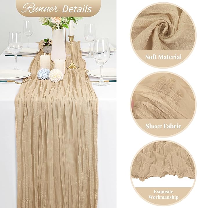 10 Pack Beige Cheesecloth Table Runner 10FT Boho Romantic Gauze Table Runner 20 x 120 Inch Rustic Sheer Runner for Wedding Party Bridal Shower Thanksgiving Christmas Decoration