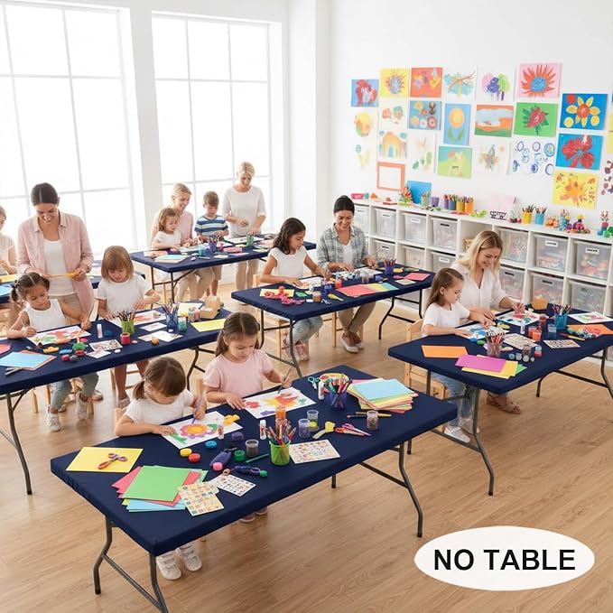 LUSHVIDA 6 Packs Vinyl Tablecloths with Flannel Backing for 6ft Rectangle Folding Table Cloths - Waterproof Plastic Picnic Table Covers with Elastic Corners, 30x72 inch, Navy Blue