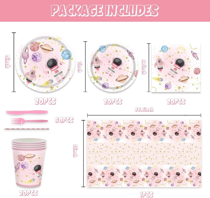141Pcs Pink Outer Space Party Supplies for Girls Baby Shower Birthday Party Decorations Pink Moon Star Outer Space Planet Themed Birthday Plates Napkins Forks Cups Straws Tablecloch Serves 20 Guests